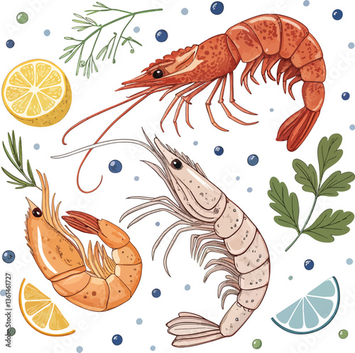 Fresh Seafood Vector Set with Shrimps Illustration