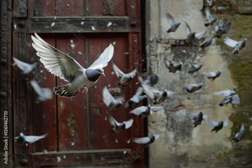 Pigeon flies into dovecote amid flock of birds at an old stone structure, pigeon flies and flies right into the dovecote