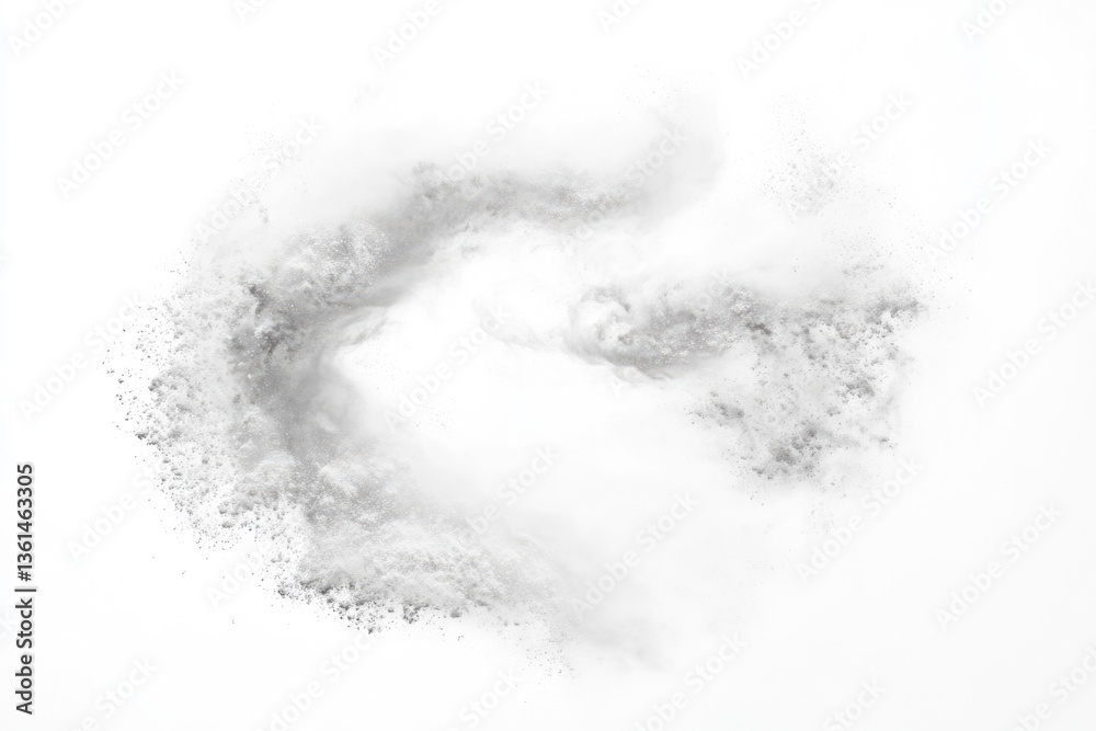 Fototapeta premium Abstract grayscale image showing a swirling cloud of dust or powder against a white background.