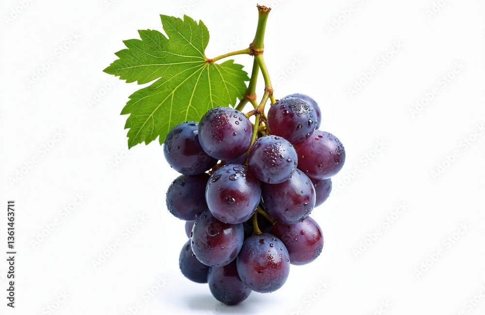 Fototapeta premium Ripe cluster of purple grapes isolated white. Juicy, fresh fruit with green leaf. Antioxidant, vitamin-rich food, perfect for dessert, snack. Healthy organic produce. Perfect for wine production,