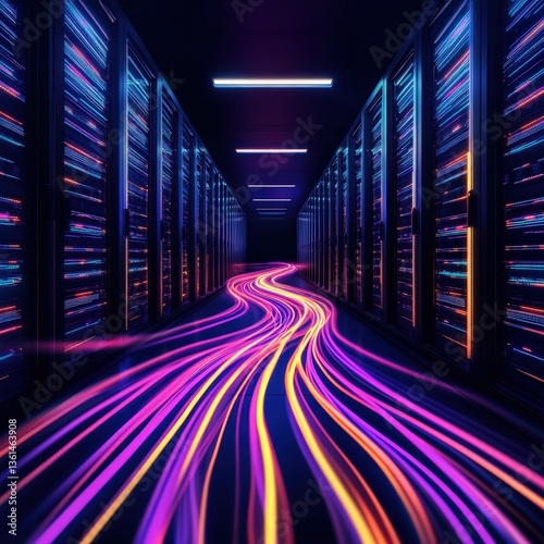 Vibrant server room with colorful led lights creating a futuristic and high-tech atmosphere