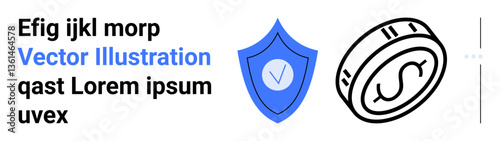 Blue shield with checkmark alongside a coin. Ideal for finance, security, banking, insurance, investment, cryptocurrency, fintech, simple landing page