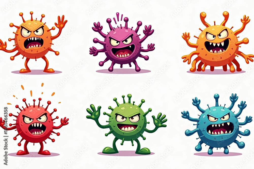 Cartoon virus characters expressing anger in vivid colors Cartoon virus characters expressing anger in vivid colors