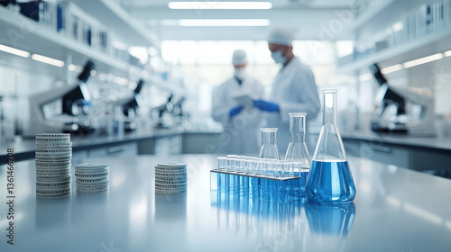 modern biotechnology lab features scientists in protective gear, with test tubes and beakers filled with blue liquid on table, alongside stacks of currency, highlighting research funding