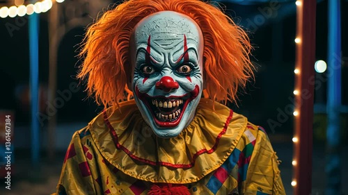The Terrifying Clown: An unsettling portrait of a sinister clown with a menacing gaze, capturing the fear. with vibrant, unsettling details. 