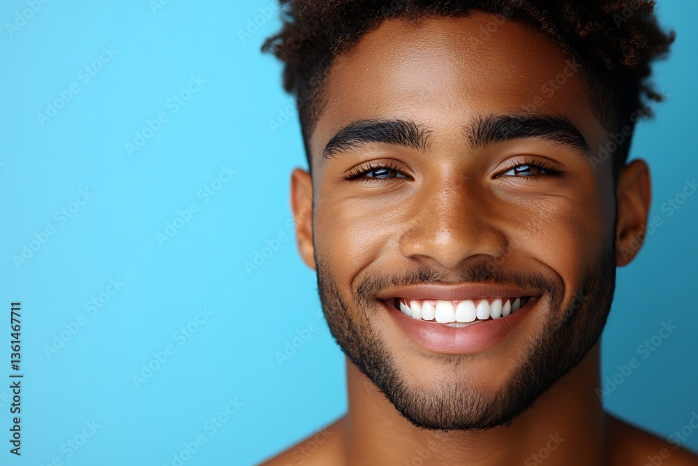 Obraz premium A smiling young man with dark skin and a blue background