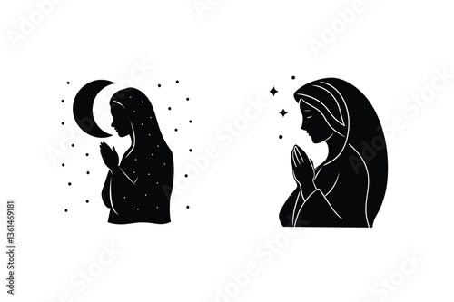 Two Silhouettes of Praying Virgin Mary, Moon, Stars, Night