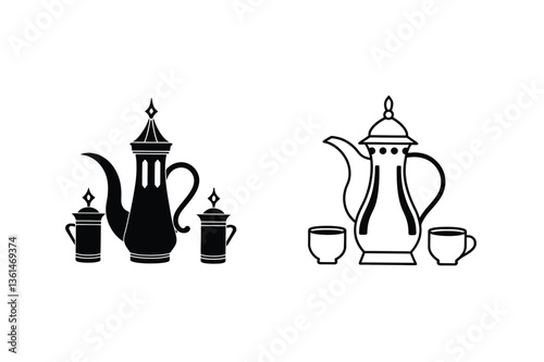 Arabic Coffee Pots, Tea Set, Traditional Design, Beverage Icons, Black and White