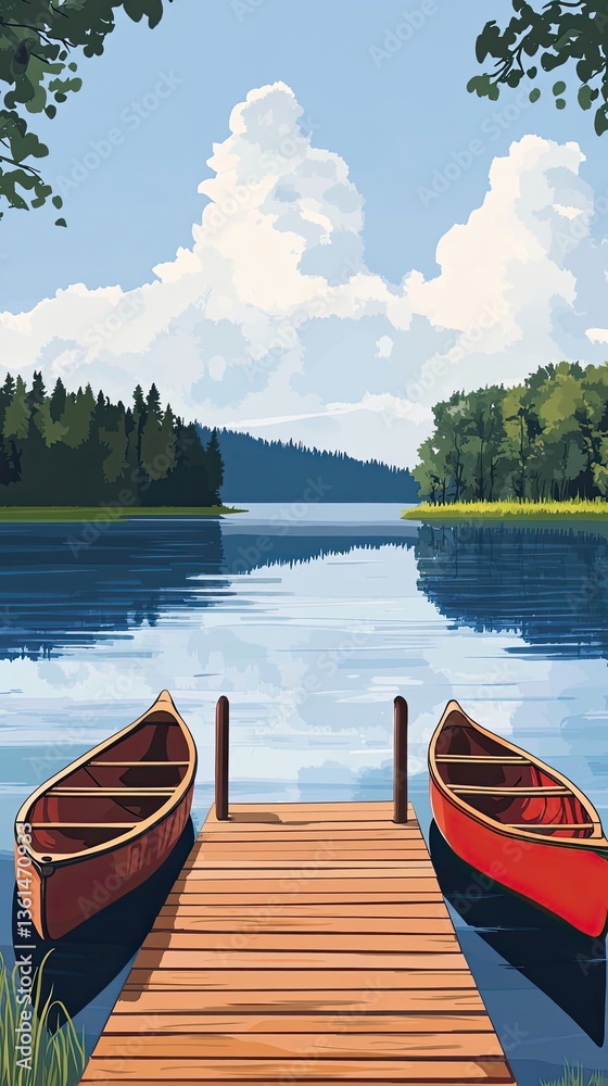 Obraz premium Two canoes sit peacefully on a wooden dock at the lake