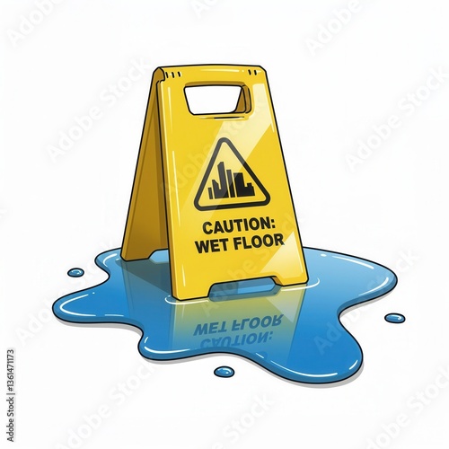 Caution wet floor sign with puddle for safety awareness and hazard prevention