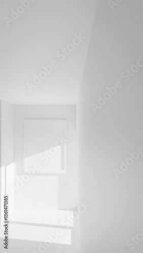 A room with a wooden door and a white frame on the wall. The room is empty and has a simple  clean look premium photo 3d render