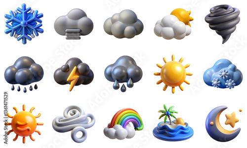 Cartoon 3d weather icons. Cute sun, moon and stars, clouds and rainbow in plasticine kids style. Crescent and wind symbol. Three dimensional clay shapes, forecast sign. Vector isolated set