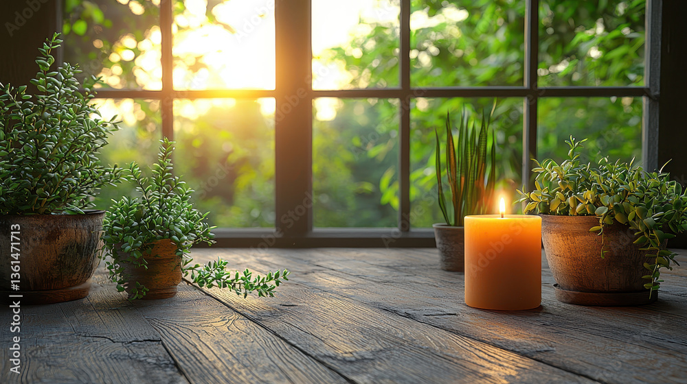 Serene candlelit moment in a minimalist space with natural light and lush greenery Serene candlelit moment in a minimalist space with natural light and lush greenery