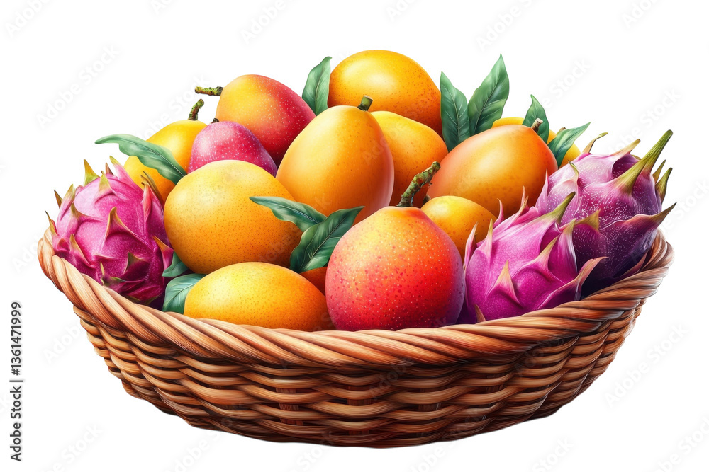 A Vibrant Basket Overflowing With Juicy Mangoes And Exotic Dragon Fruits, A Delightful Tropical Harvest Bursting With Summer Sunshine And Warmth, Depicted In A Lush, Painterly Style Isolated on Transp A Vibrant Basket Overflowing With Juicy Mangoes And Exotic Dragon Fruits, A Delightful Tropical Harvest Bursting With Summer Sunshine And Warmth, Depicted In A Lush, Painterly Style Isolated on Transp