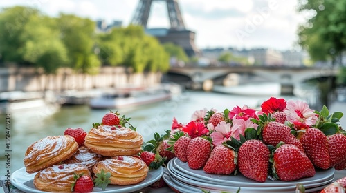 Picnic in nature with strawberries and croissants in paris