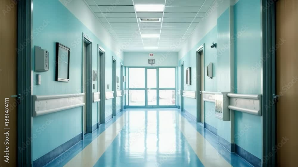 A bright and clean hospital hallway with calming blue tones and natural light coming through the windows A bright and clean hospital hallway with calming blue tones and natural light coming through the windows