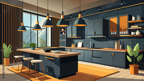 vector of contemporary kitchen featuring matte black cabinetry, wood accents, and modern pendant lights