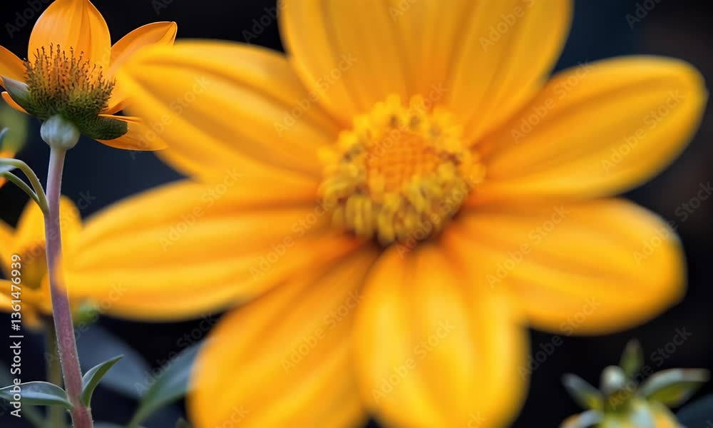 Vibrant orange flowers bloom, their petals radiating beauty against a blurred, dark background. Buds promise future blossoms Vibrant orange flowers bloom, their petals radiating beauty against a blurred, dark background. Buds promise future blossoms