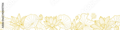 Golden Lotus line art banner, flowers, leaves and seeds. Vector in white background, Hand drawn illustrations. Elegant design, wedding invitation, greeting card, wall art.