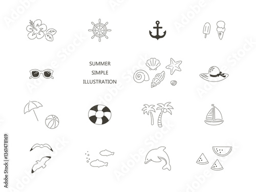 夏のシンプルな海水浴のイラストセット