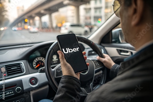 Photorealistic Uber App Concept - Steering Wheel & Smartphone Close-Up