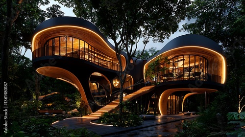 Innovative futuristic treehouse design serene forest architectural marvel lush environment aerial view unique living concept