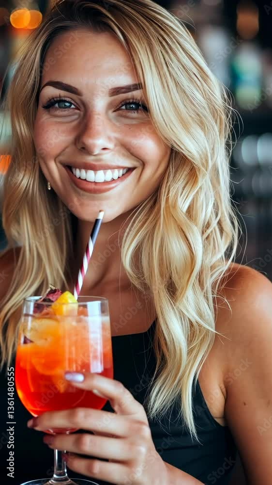 Bright smile of a woman enjoying a colorful drink at a lively bar during a sunny afternoon Bright smile of a woman enjoying a colorful drink at a lively bar during a sunny afternoon