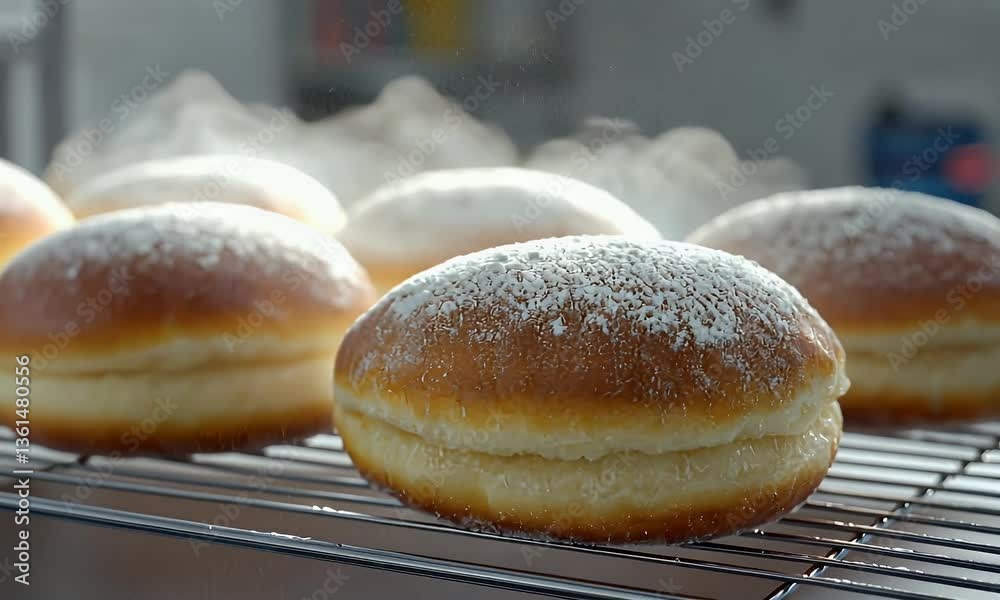 Freshly baked donuts topped with powdered sugar are set on a wire rack, ready to be enjoyed Freshly baked donuts topped with powdered sugar are set on a wire rack, ready to be enjoyed