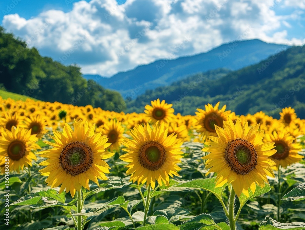 Obraz premium Sunflower Paradise: A vibrant field of sunflowers basks under a bright, cloudy sky, with majestic mountains providing a stunning backdrop. This idyllic scene perfectly captures the essence of summer.