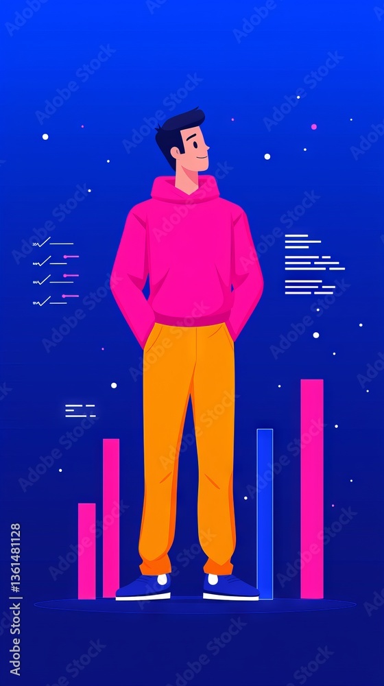 Naklejka premium Confident young man in stylish attire analyzing data trends urban setting illustration digital environment creative perspective