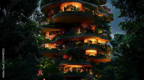 Nighttime tropical oasis spiraling green architecture urban jungle digital art serene environment aerial view sustainable design