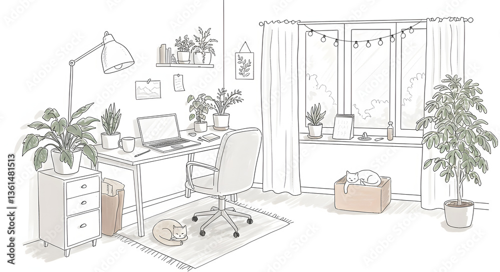 Fototapeta premium Home Office Illustration with Laptop, Plants, Cats, and Natural Light