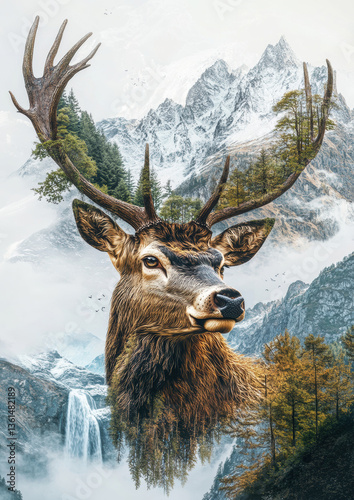 Majestic deer head blends with a stunning mountain landscape featuring waterfalls, tall trees, and misty clouds in a serene natural setting Generative AI