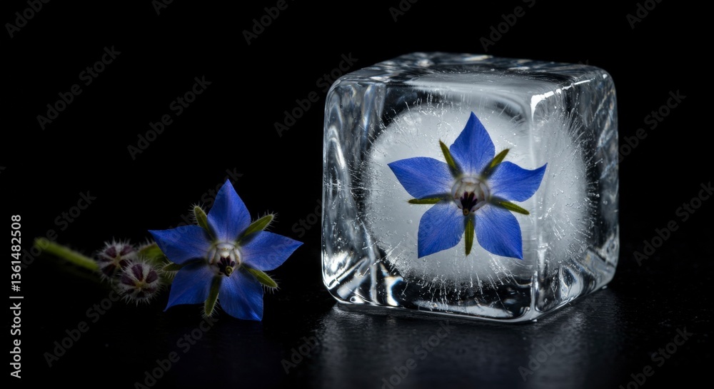 Blue Borage Flower Frozen in Ice Cube on Dark Background Still Life Blue Borage Flower Frozen in Ice Cube on Dark Background Still Life