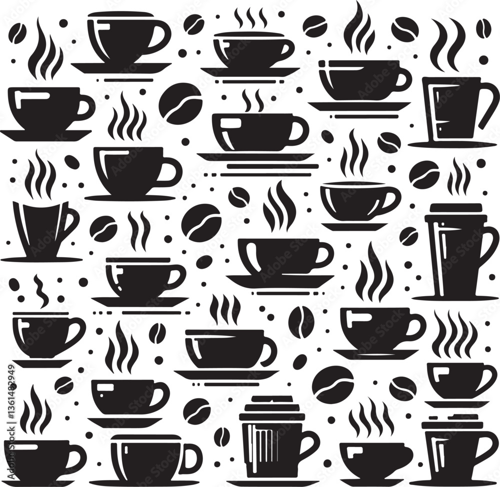 Seamless pattern of coffee cups and mugs with various beverage icons and symbols Seamless pattern of coffee cups and mugs with various beverage icons and symbols