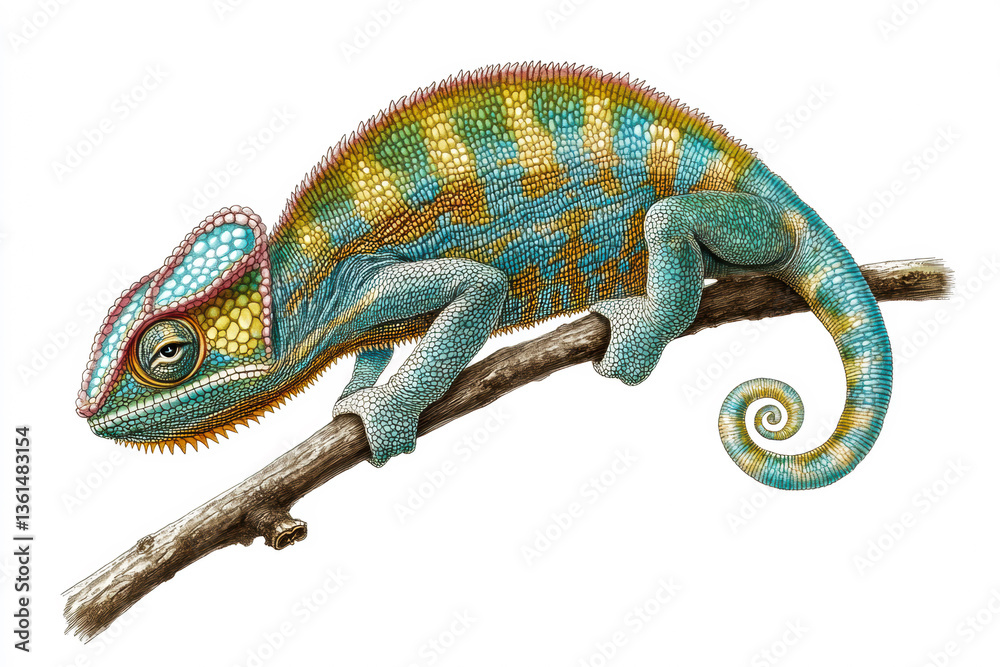 Obraz premium Colorful chameleon climbing along a branch in a vibrant forest setting during daylight hours, showcasing its unique skin patterns and textures Generative AI
