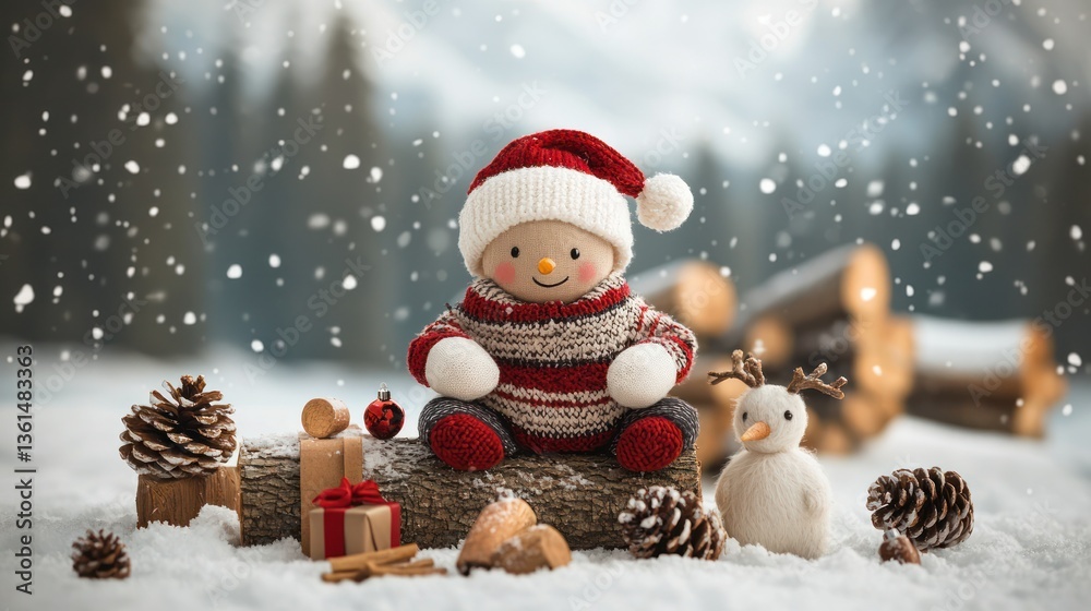 Festive snowman figurine on log Festive snowman figurine on log