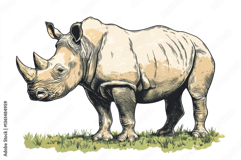 Fototapeta premium Rhinoceros standing on lush grass showcasing its strong physique and unique features in a natural habitat Generative AI