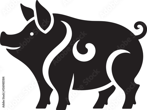 Black and white vector illustration of a cute cartoon bull and rhino silhouette