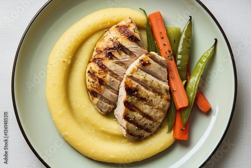 A photo of a grilled chicken breast on a plate, with polenta and seasoned vegetables