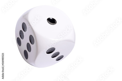 Isolated large white die or dice with black dots on white background, template of a die or dice, gambling addiction or table game concept, copy space