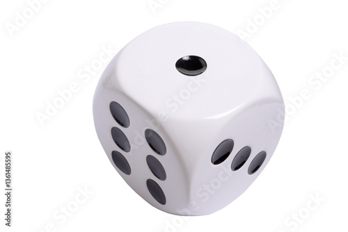 Isolated large white die or dice with black dots on transparent background, template of a die or dice, gambling addiction or table game concept, PNG