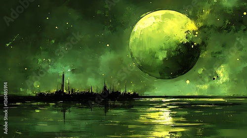 Green moon over city reflected in water at night.