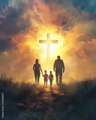 Family silhouette stands before a radiant Cross, symbolizing faith as their foundation.