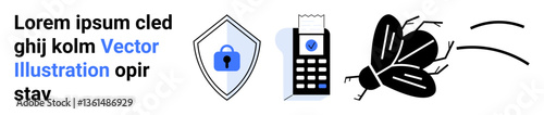 Shield with a lock, a secure mobile phone with a receipt, and an insect represent security, digital safety, data encryption, secure payment, protection, cyber threats and antivirus concepts. Ideal