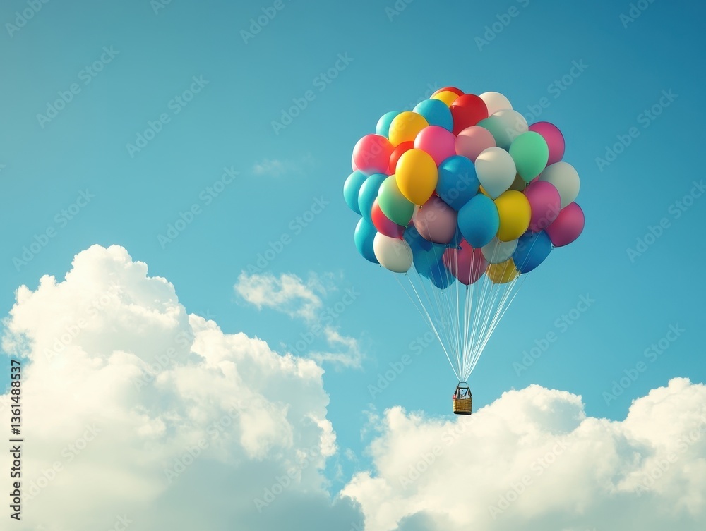 Naklejka premium Soaring Ambitions: A vibrant cluster of colorful balloons ascends, carrying a small basket skyward, set against a canvas of fluffy clouds and a cerulean sky.