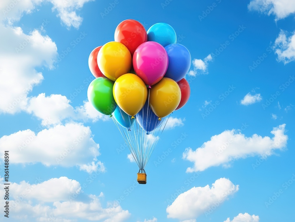 Fototapeta premium A Skybound Spectacle: A cluster of vibrant balloons floats serenely amidst a cloud-filled sky. This image captures the essence of celebration, hope, and freedom.