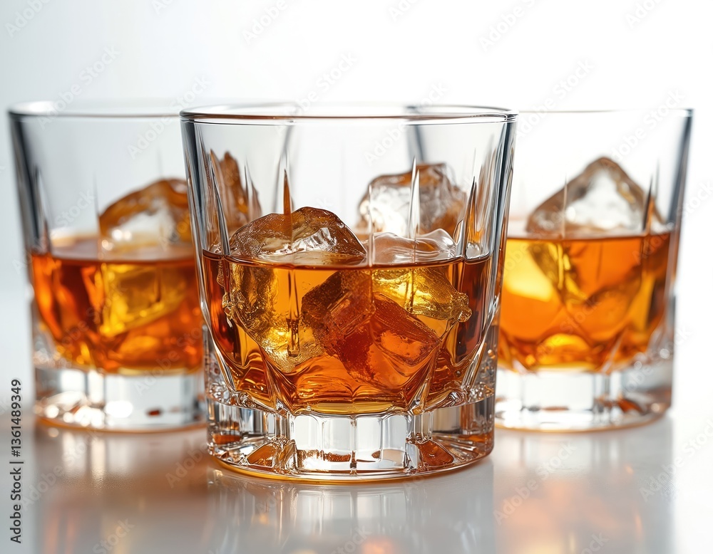Three crystal glasses of whiskey on the rocks. Brown amber liquor drinks with ice cubes. Transparent glasses with cold alcohol drinks. Refreshing drink at bar, pub or party celebration. Three crystal glasses of whiskey on the rocks. Brown amber liquor drinks with ice cubes. Transparent glasses with cold alcohol drinks. Refreshing drink at bar, pub or party celebration.