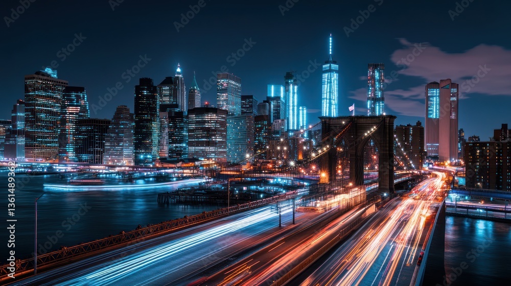 Fototapeta premium Night City Skyline with Blurred Traffic