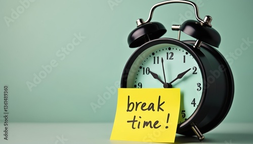 Black alarm clock with message break time on yellow sticky note. Concept time management, rest, relaxation, work-life balance. Positive mindset for midday pause. Office workplace, stress relief.